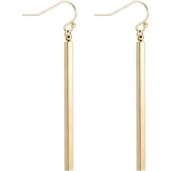 18K Gold Long Vertical Bar Drop Dangle Earring Minimal Hanging Earrings - Picture 1 of 7